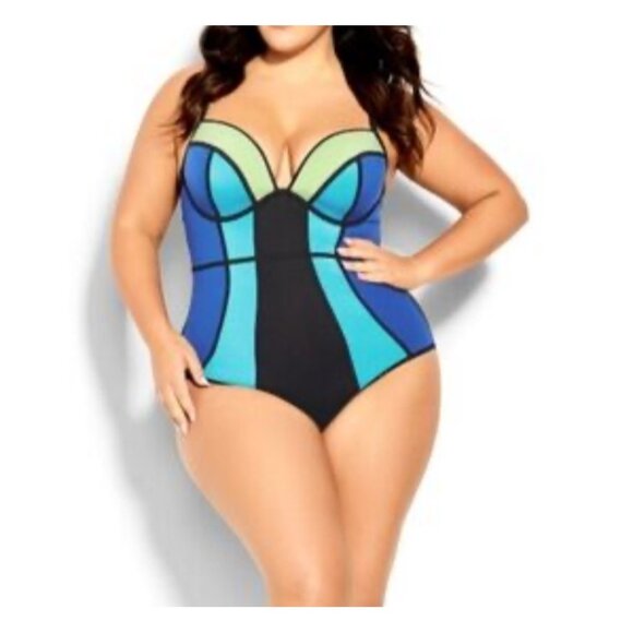 City Chic Womens Sz Medium Color Block Swimsuit One Piece - Picture 1 of 12